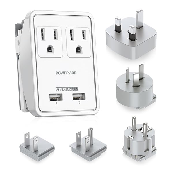 [UL Listed] Poweradd Travel Power Adapter Kits - Dual 2.4A USB Ports + 2 Outlets Wall Charger with Worldwide Wall Plugs for UK, US, AU, Europe & Asia, Gift Pouch Included
