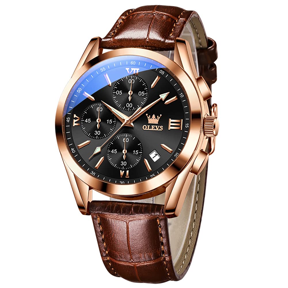 OLEVS Watch for Men Chronograph Brown Leather Strap Classic Fashion Analog Quartz Big Dial Casual Waterproof Luminous Wrist Watches
