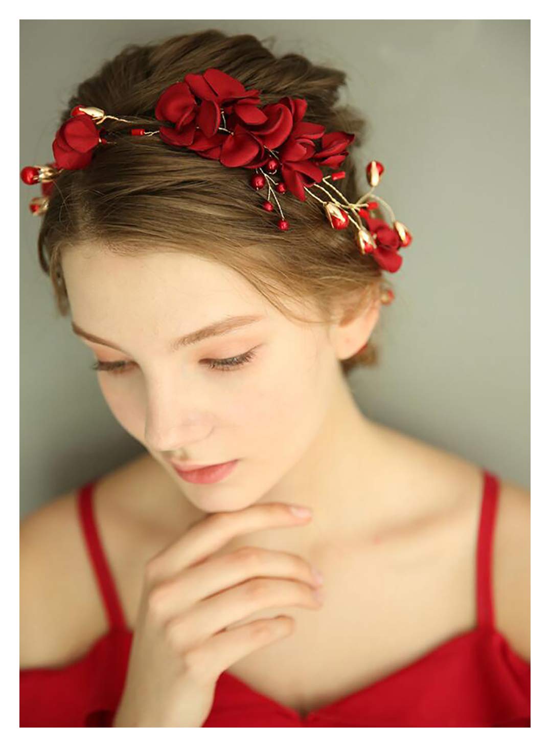 Chargances Bride Floral Red Headband Hair Vine With Crystal and Pearl - Wedding Hair Accessory, Rhinestone Hair Piece, Boho Delicate Handmade Jewelry Gift for Women and Girls