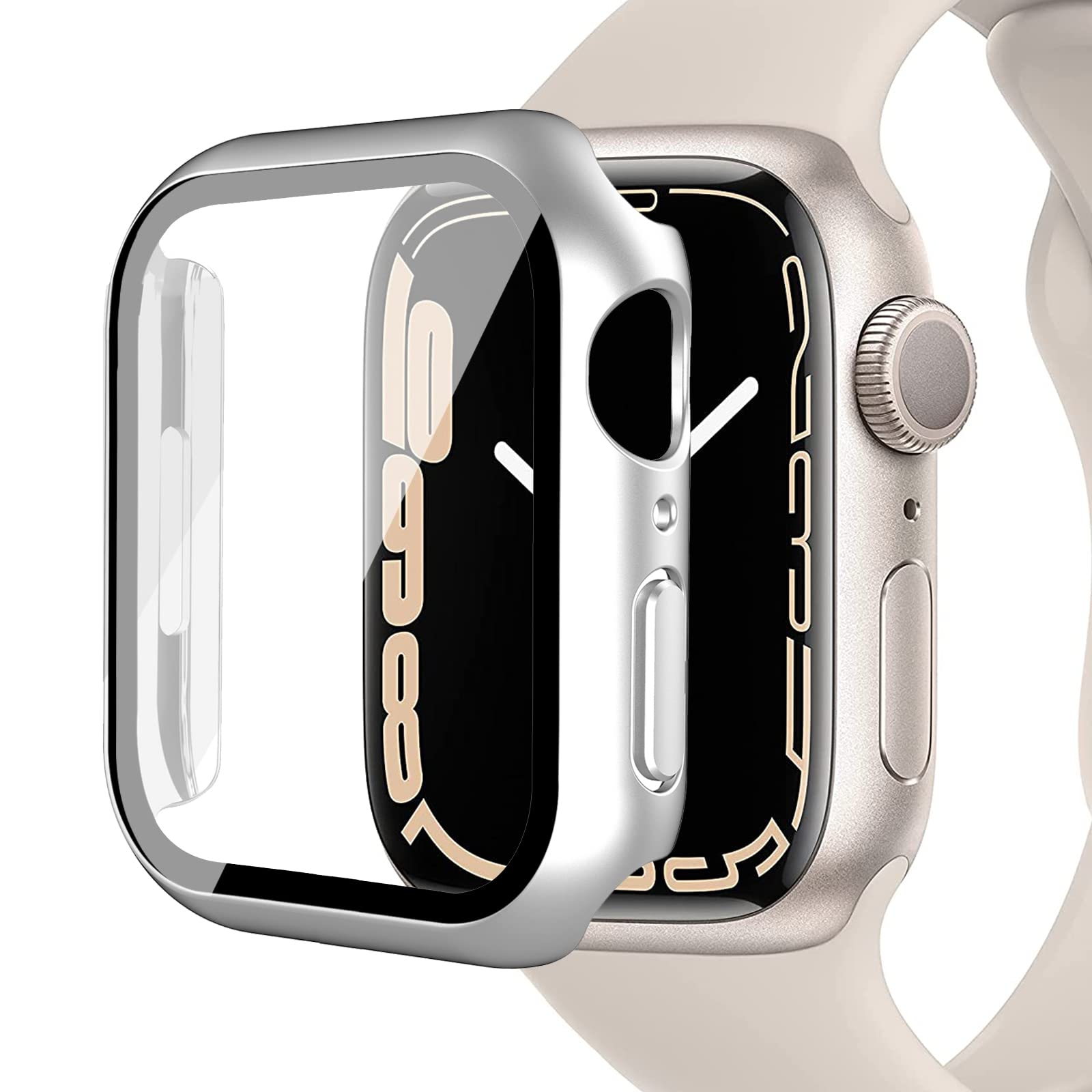 Miimall Case Compatible with Apple Watch Series 9 8 7 41mm Tempered Glass Screen Protector, Ultra-Thin Hard PC Shockproof All-Around Bumper Shell Protective Cover for iWatch Series 9 41mm-Silver