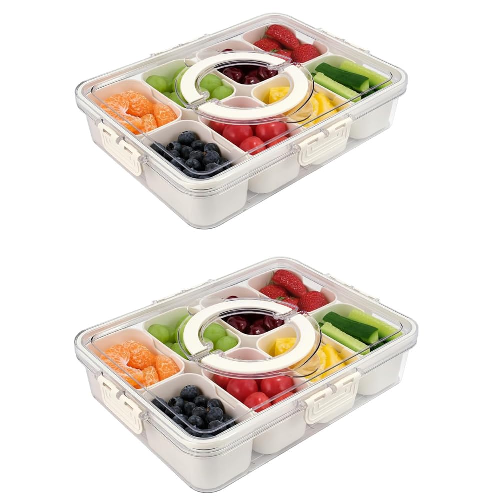 Divided Serving Tray with Lid,Handle, Removable Spice Container with 8 Compartment for Christmas Party, Veggies, Snack, Fruit, Nuts, Candy, Cracker, Chip,Onion, Ginger, Garlic (2 Pack-8 Compartment)