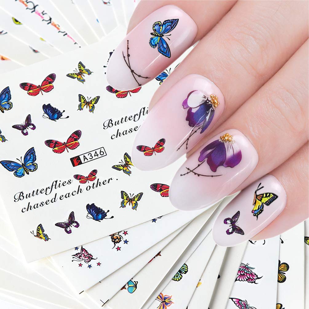 KINGMAS 50 Sheets Nail Art Stickers Water Transfer DIY Nail Decals Butterfly, Flowers, Feathers etc Colorful Transfer Watermark Nail Stickers for Nails Design Manicure Tips Decor: Beauty