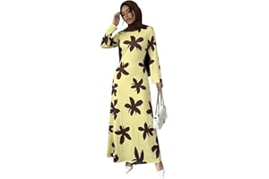 2PCS Women's Yellow & Brown Floral Print Modest Maxi Dress Long Sleeve with Hijab Set