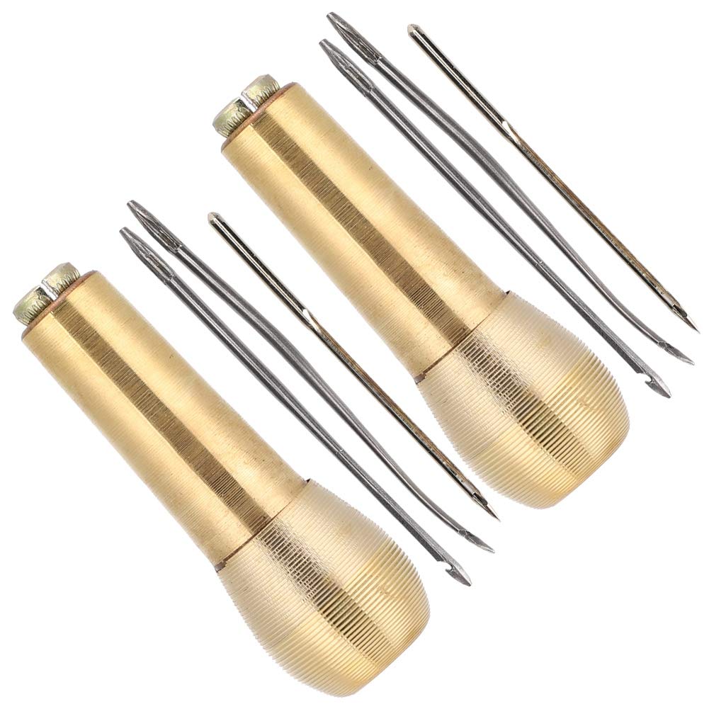 Stitching Awl Tool, 2 Set Copper Handle Sewing Awl Taper Leather Shoe Repair Tool Leather Craft Needle Kit, Wooden Handle Scratch Awl for Leather Punch Hole or DIY Handmade