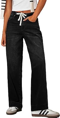 Sidefeel Women's Wide Leg Jeans High Waisted Stretchy Straight Leg Baggy Drawstring Zimbaplatinum Denim Pants