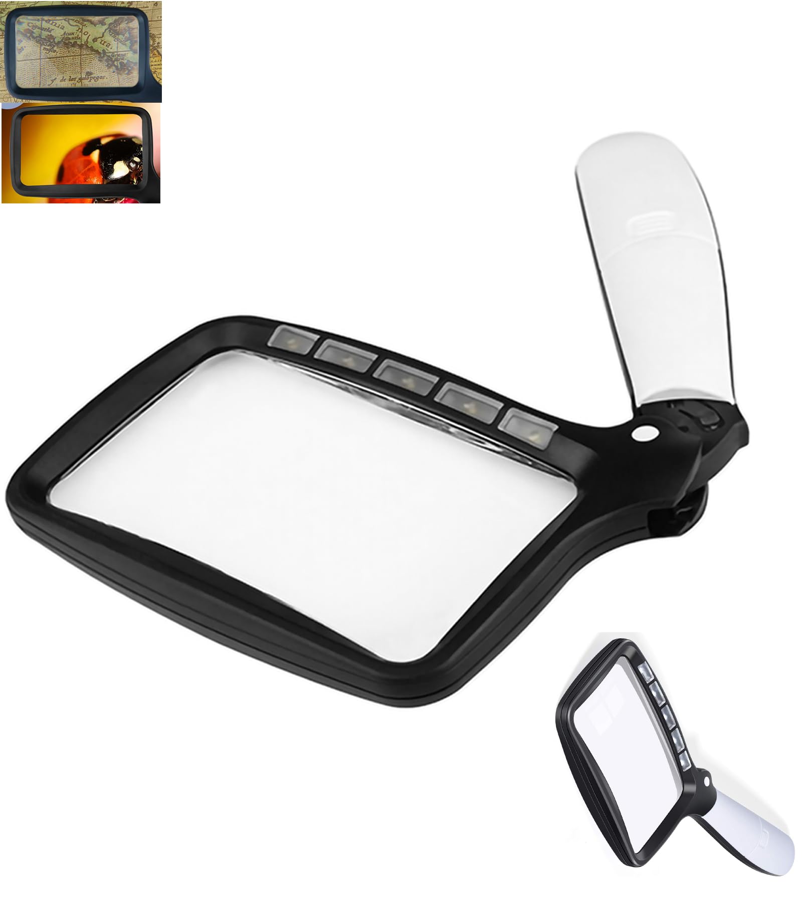 3X Magnifying Glass Rectangular Foldable Magnifying Glass Handheld Reading Magnifier 5 LED Illuminated Lighted Magnifier with Cloth Bag Cloth for Seniors Reading, Close Work, Coins, Jewelry