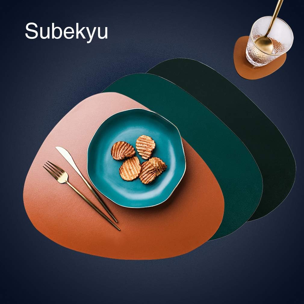 SUBEKYU Faux Leather Placemats and Coasters Set, Washable Round Table Mat, Waterproof Coffee Mats, Heat-Resistant Place Mat for Kitchen Dining Table (Black): Home & Kitchen