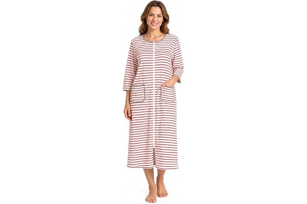 RONGTAI Women's Zip Front Bathrobe Robe，3/4 Sleeve Housecoat | Soft cotton robe with zip closure, roomy pockets & relaxed fit
