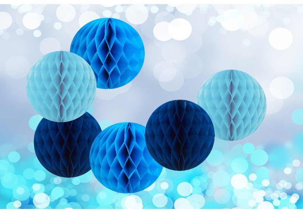 Matissa 6pcs Blue Mixed Tissue Paper Honeycomb Balls, 4" / 8" Pom Pom Balls for Wedding, Baby Shower Decorations