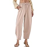 KateModa Womens High Waisted Baggy Pants Drawstring Elastic Waisted Ankle Length Pants Palazzo Casual Trouser with Pockets