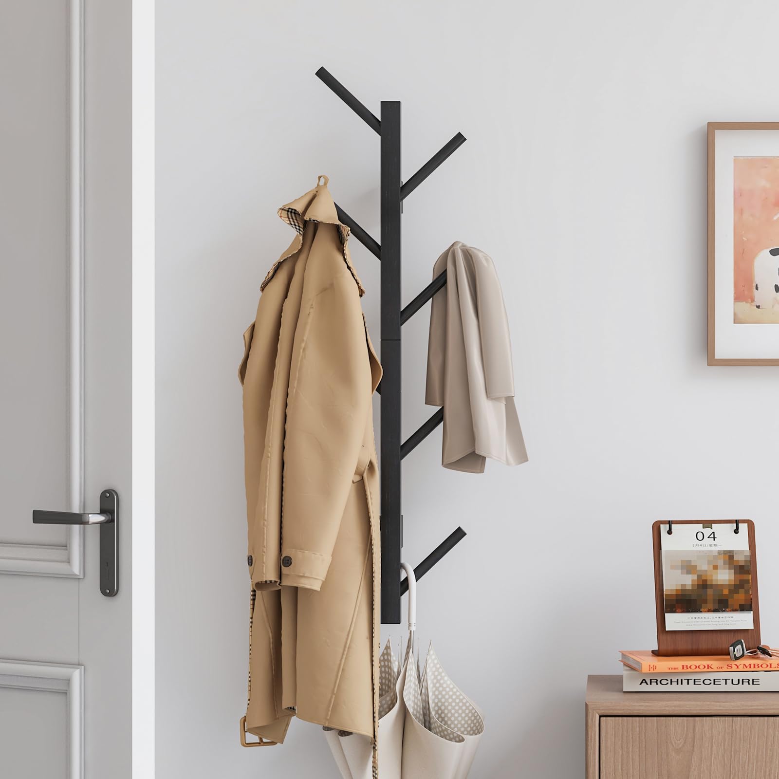 Photo 1 of Furshus Coat Rack Wall Mount,Bamboo Vertical Hat Rack for Wall,Wall Coat Tree,Coat Hanger,Floating Coat Rack for Hats,Jackets,Bags,Entryway Bedroom (Black)