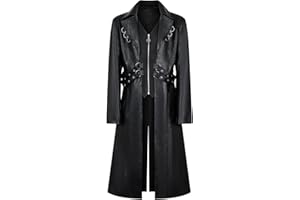 ZNZHKR Men's 70s PU Leather Trench Coat Long German Style Punk Motorcycle Jacket Black Fuxs Leather Zipper Coat