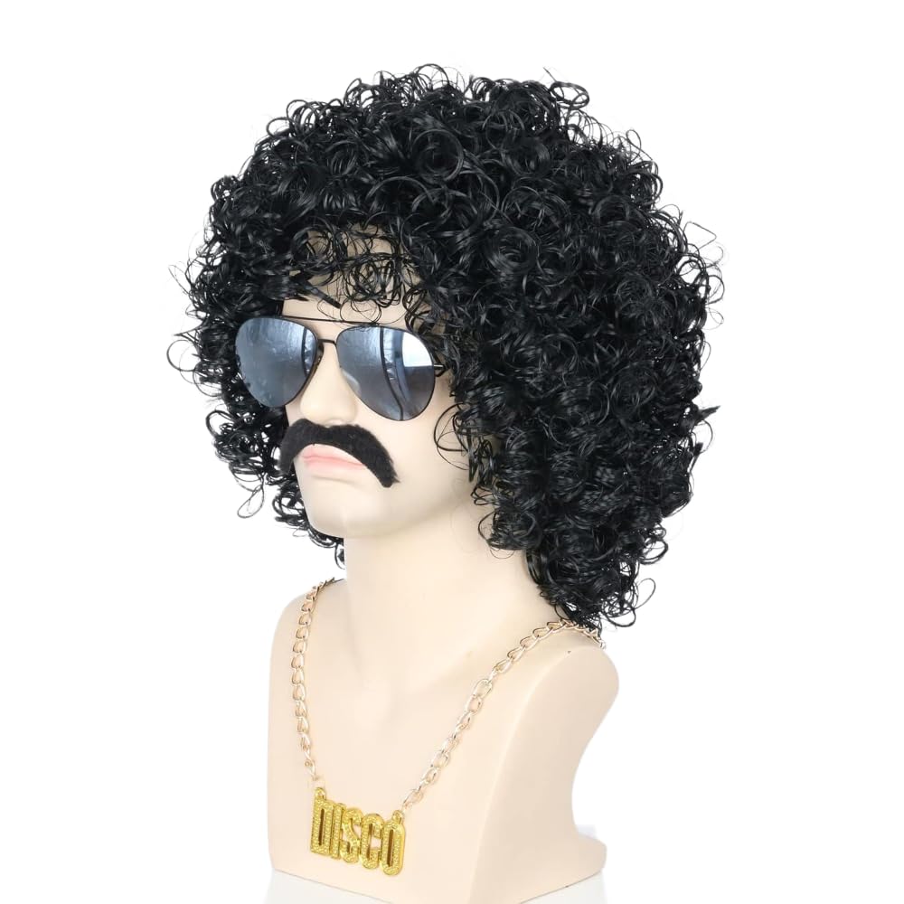 LeMarnia 70's Afro Wig Necklace and Beard Set for Men Black Curly Disco Rock Punk Halloween Costume Accessory Wig — image 1