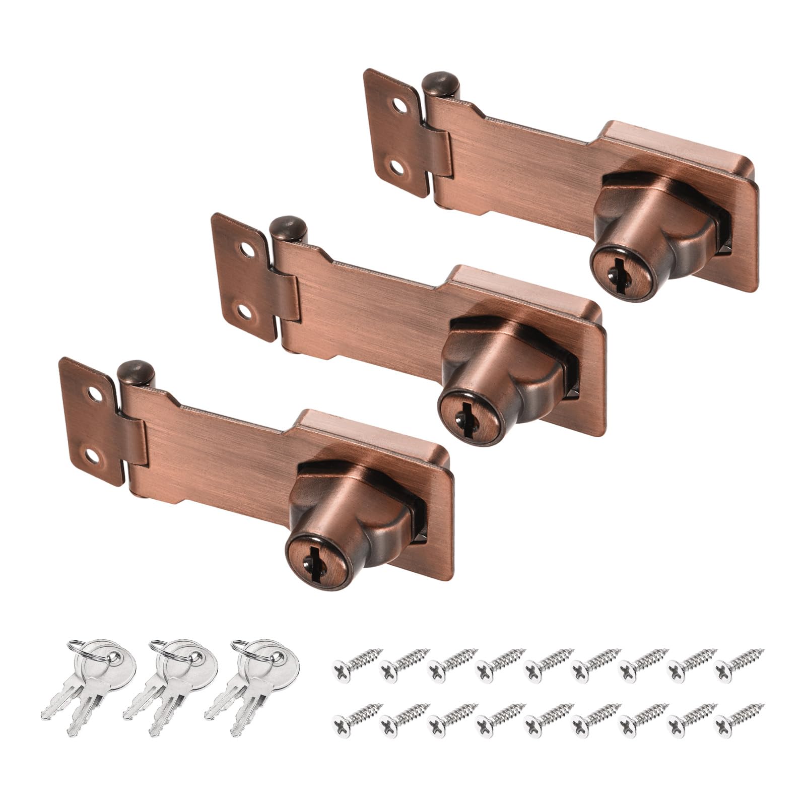 PATIKIL Keyed Hasp Locks, 3 Pack 3 Inch Twist Knob Locking Hasp Lock Metal Safety Hasp Latches for Cabinet Small Door, Keyed Different, Copper