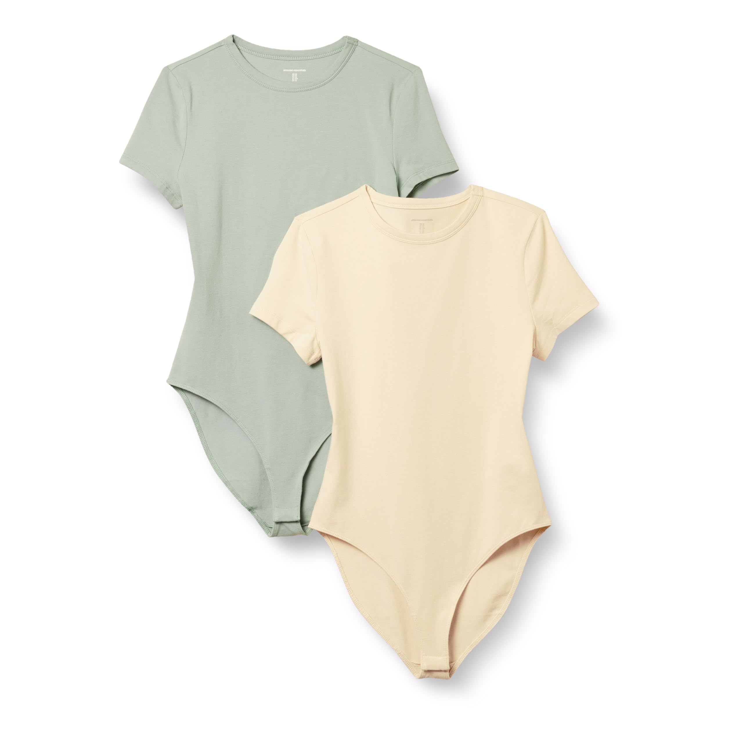 Photo 1 of Amazon Essentials Women's Stretch Cotton Jersey Slim-Fit T-Shirt Bodysuit, Pack of 2, Beige/Light Sage Green, Large