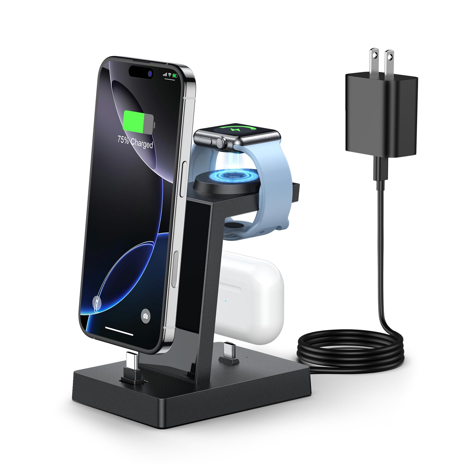 30W Fast 3 in 1 Charging Station for Apple Devices - ADADPU USB C Charger Stand for iPhone 17 16 15 Pro Max Plus & AirPods 4,Wireless Charger Dock Compatible with Apple Watch Ultra/10/9/8/7/6/5/4/3/SE