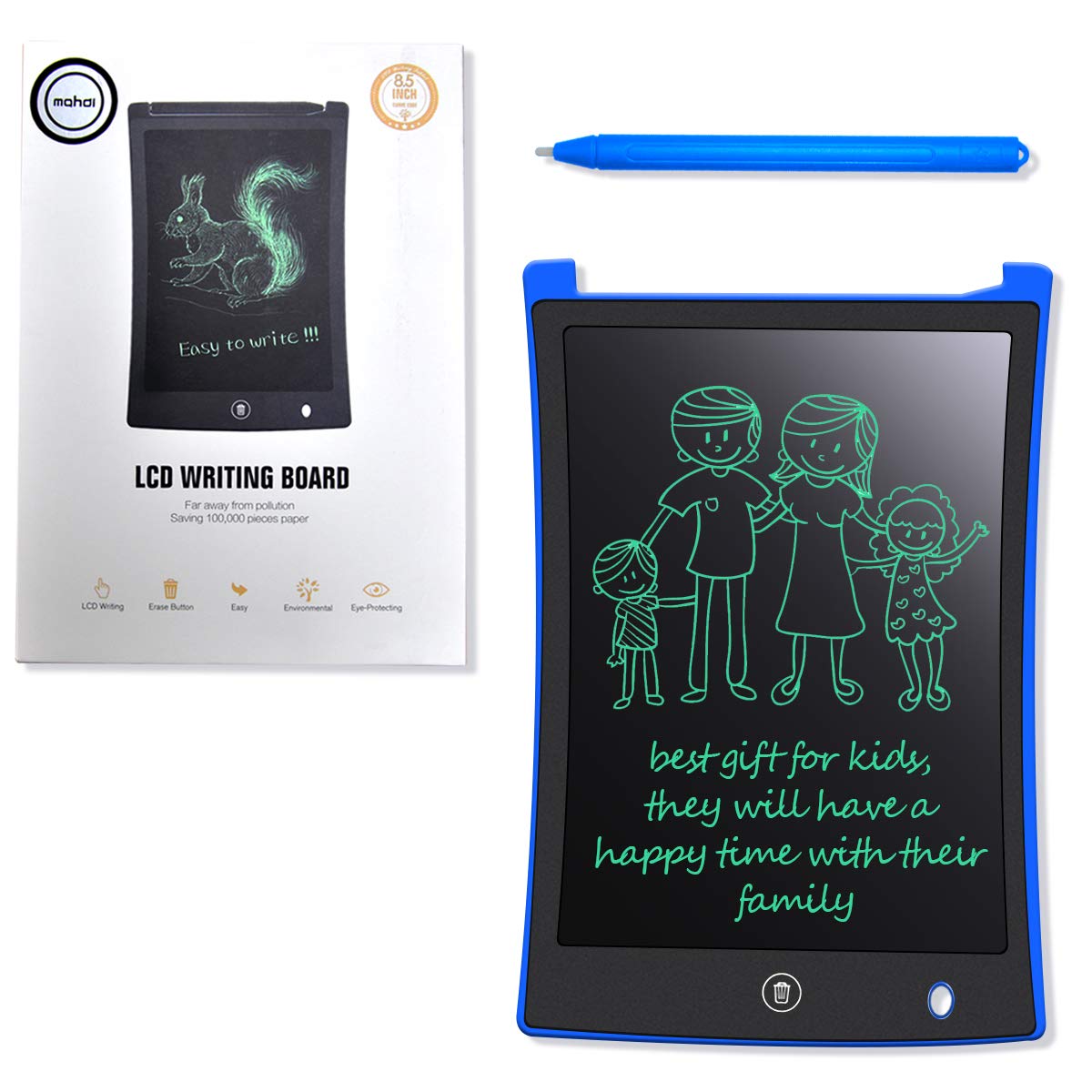 MYMAHDI LCD Writing Tablet, 8.5 inch Doodle Board, Electronic Drawing & Writing Board, with Smart Writing Stylus for Kids Gifts, School,Office, Fridge or Family Memo, Blue