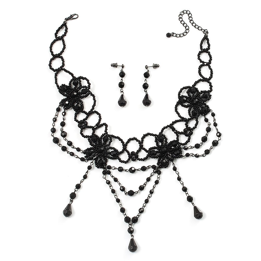 Avalaya Victorian/Gothic/Burlesque Black Bead Choker And Earrings Set