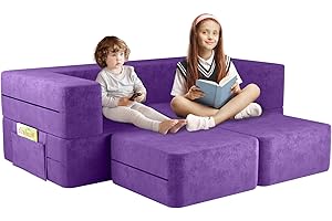 linor Kids Couch, Toddler Couch with Washable and Durable Covers, Modular Kids Sofa Couch, Foldable Loveseat & Two Ottoman, Fold Out Lounger(Grape)