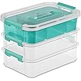 Sterilite Stack and Carry 3 Layer Handle Box and Tray, Plastic Small Storage Container with Latch Lid, Organize Crafts, Clear with Blue Tray, 6-Pack