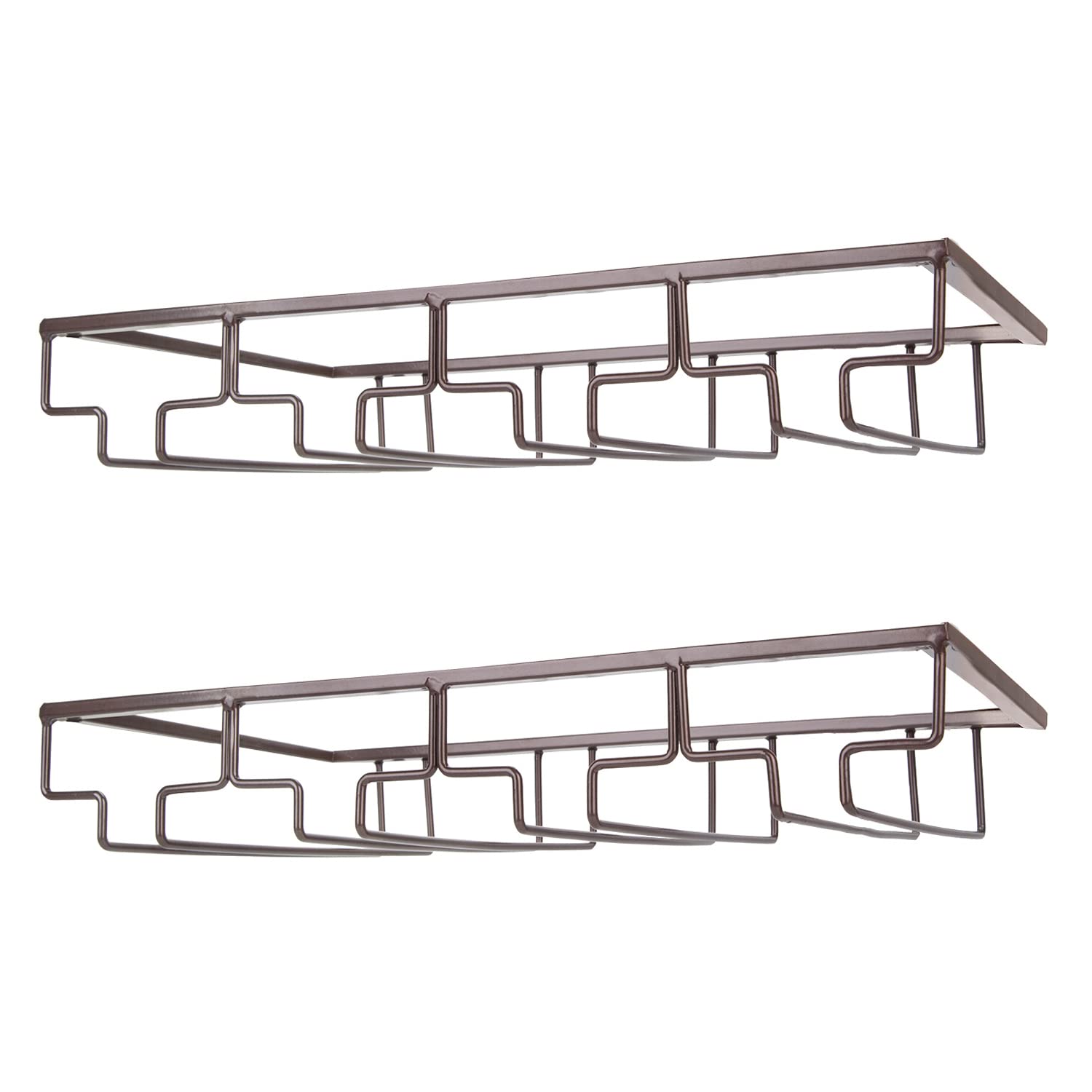 FOMANSH Wine Glass Rack - Under Cabinet Stemware Wine Glass Holder Glasses Storage Hanger 2 Pack Metal Organizer for Bar Kitchen 4 Rows Brown