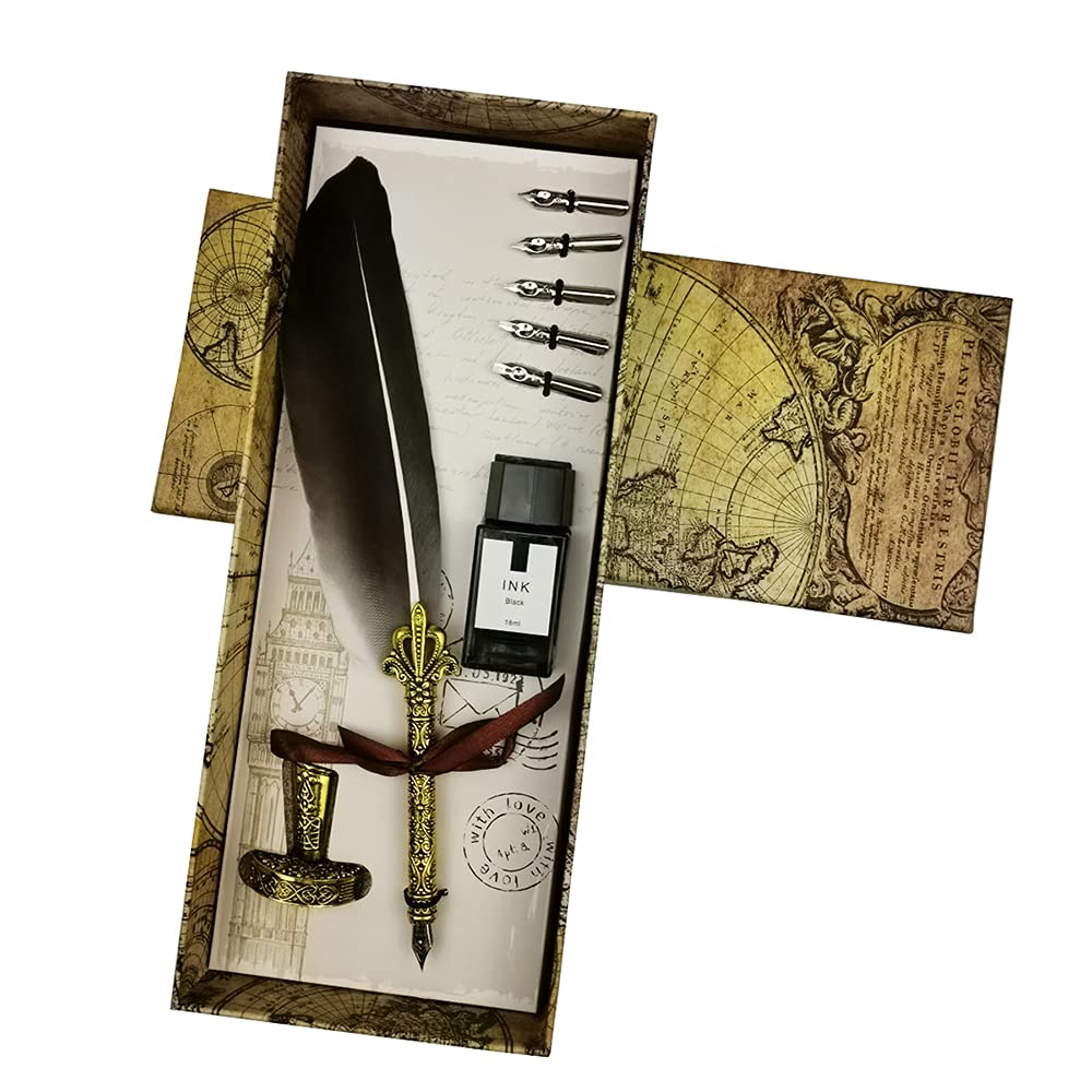 AOMAYLL Retro Feather Pen Set, Quill Pen Set Antique Calligraphy, 5 Replacement Nibs and Ink Set for Writing Letters,Diary, Signing, Gift Etc(gray)