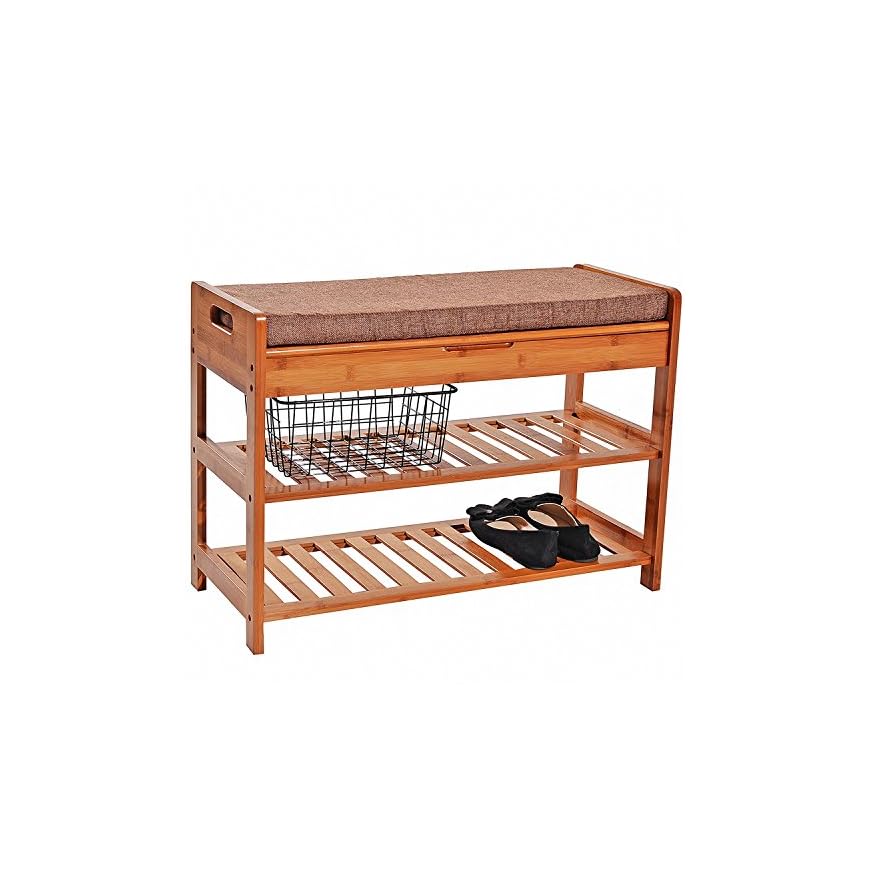 UNICOO Bamboo Shoe Bench Rack with Cushion Upholstered Padded Seat 2