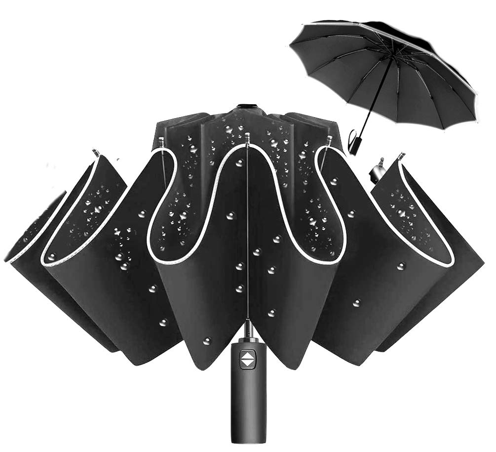 10 Ribs Inverted Folding Umbrella Windproof Travel Portable Reverse Umbrella with Reflective Stripe Auto Open and Close for Women Men Travel Outdoor (Black)