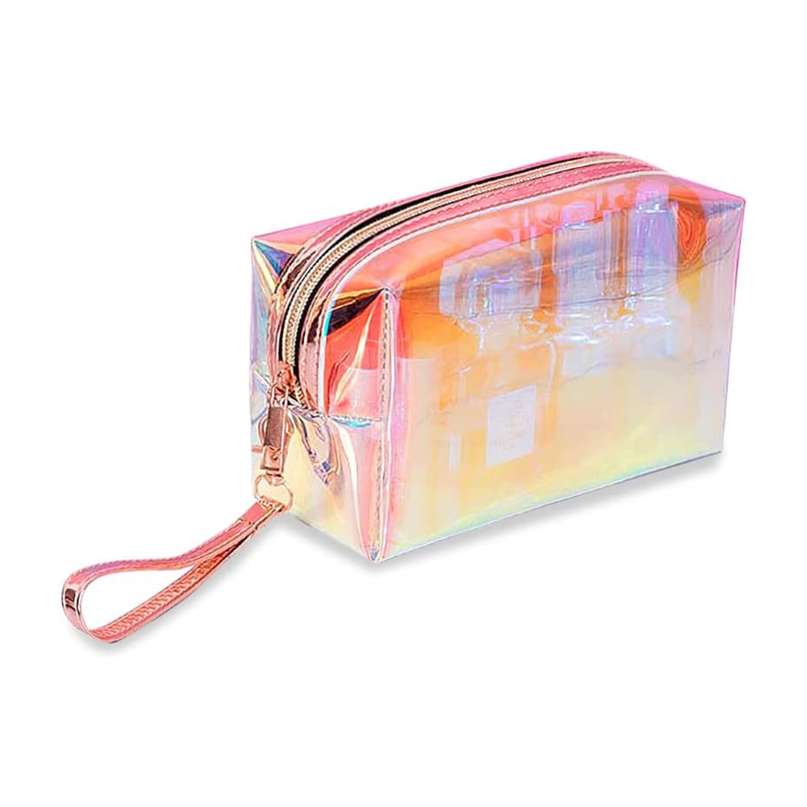 Desuibao Iridescent Holographic Makeup Bag with Wrist Strap, Travel Clear Toiletry Bag, Lipstick Cosmetic Pouch, Waterproof Zipper Beach Bag Make up Organizer Case for Woman Teen Girl, A
