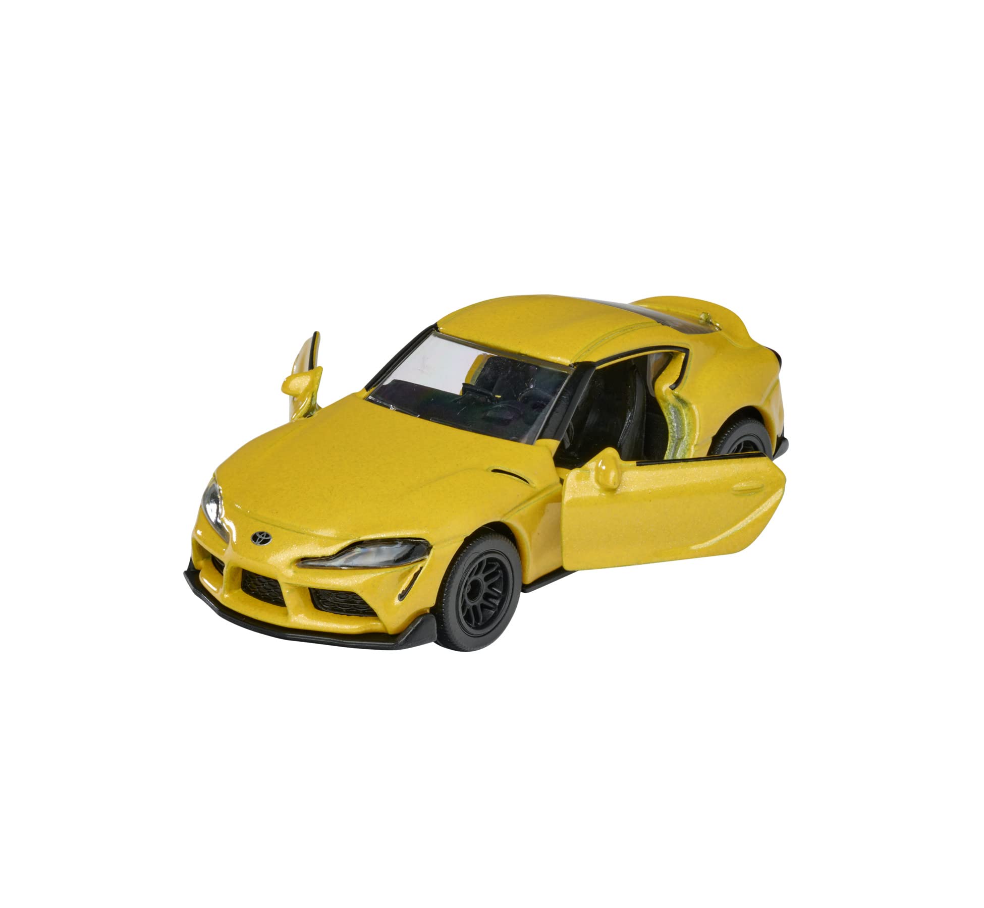 Majorette 212053052Q29 Premium Toyota Supra Toy Car, Freewheel, Opening Parts, Suspension, Trading Card, 1:64, 7.5 cm, Yellow, for Children from 3 Years