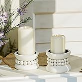 NIKKY HOME Farmhouse Beaded Wooden Pillar Candle Holders Set of 2, Rusitc Solid Wood Candlesticks Pedestal, Fireplace Mantle Table Centerpiece Decor, Distressed White