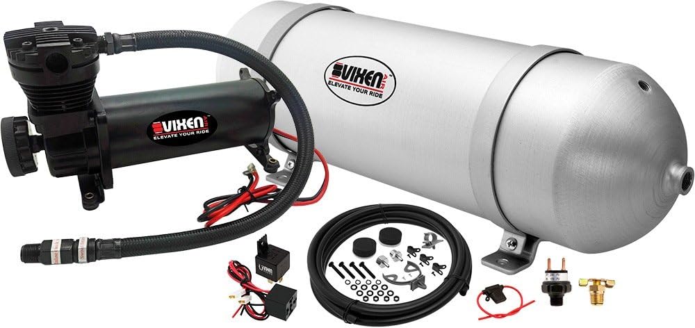 - 12V Air Suspension Kit with 200 PSI Compressor and 3 Gallon Tank Onboard Air Ride System for Truck, RV, Car | for Air Bags, Air Springs, Heavy Load Leveling, Towing, Train Horns, VXO4830B