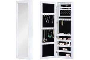 HOMCOM Mirror Jewelry Cabinet Armoire with Full Length Mirror, Wall Mounted Jewelry Organizer, White