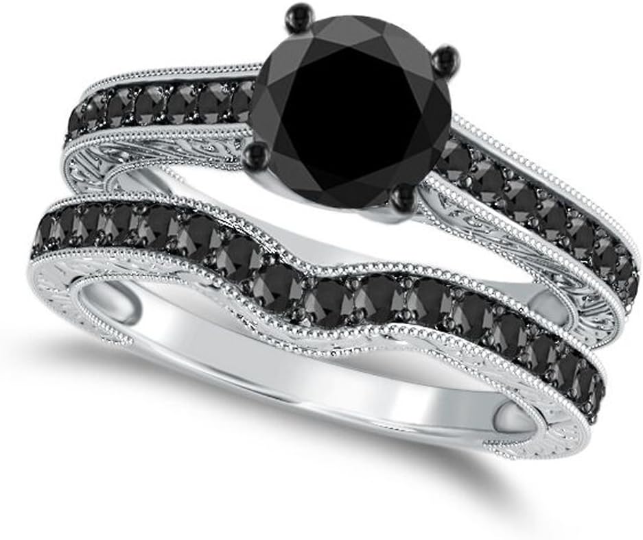 1.50 Ct. Black Diamond Bridal Ring Set For Women Crafted in 10K Solid Yellow Gold - 4Prong Diamond Ring - Wedding Ring and Band - Jewelry Collection