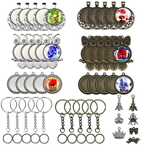 AllazoneSeasonsky 79PCS Pendant Trays Kit, 10PCS Round, 10PCS Moon and Stars Design, 10PCS Owl Pendant Trays, Pendant Buckle, Jewelry Chains and Accessories for Jewelry Making, Necklace, Bracelet, Key Ring