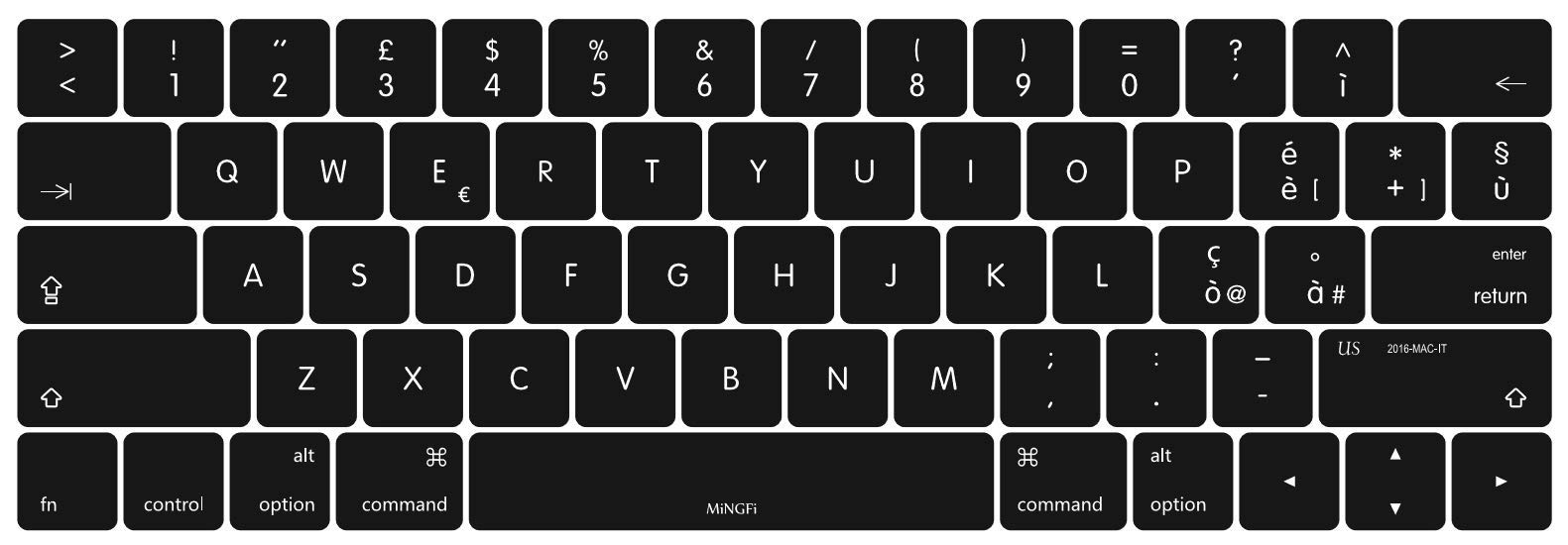 MiNGFi Silicone Italian Keyboard Cover for MacBook Pro 13" A1706/A1989/A2159 (2016–2020), Pro 15" A1707/A1990 (2016–2019) US/ANSI Layout - Black