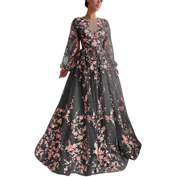 sachin and babi light blue dress A Line Tulle Long Prom Dress with Flowers, Pink Long Sleeves Party Dre –  Uniquedresss