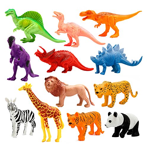 Animals Figure, 12 Piece 7'' Jungle Animals Toys Set Plastic, Dinosaur Toys, Wild Animals Learning Toys and Party Favor Toys for Boys - Forest Dinosaurs Figures Playset for Kids