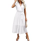 BTFBM Women Summer Bohemian Floral Casual Wrap V Neck Ruffle Cap Sleeveless Belt A-Line Pleated Hem Midi Sun Dress White