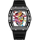 MASTOP Mens Luxury Tonneau Fashion Transparent Hallow Bottom BuPunk Graffiti Art Dial Hip-hop Unique Sports Wrist Watch Japanese Movement Luminous Design with Silicone Band