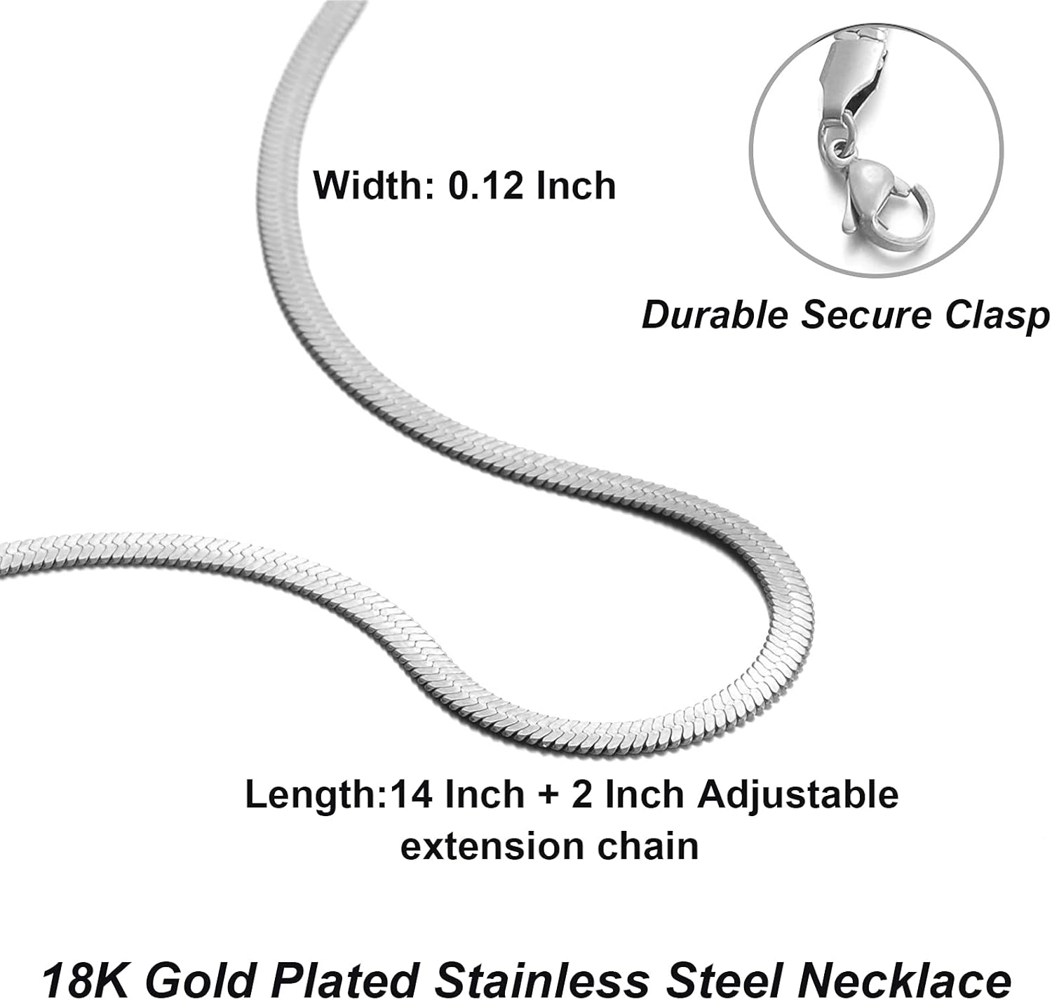 RWQIAN 18K Gold Flat Wide Necklace for Girls Snake Chain Necklace for Women Herringbone Link Necklace Snake Choker Jewelry Gift for Women Girls (Silver Width 0.12inch, 18): Clothing