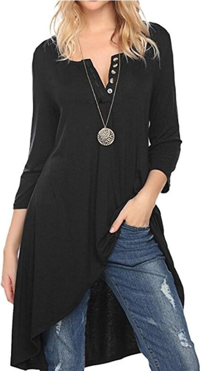 YESNO Women Casual Basic Tunic Tops High Low TShirts Long Sleeve