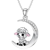 LWXIE Diamond Sheep Necklace for Women 925 Sterling Silver Sheep Moon Necklace With Lab Grown Diamond Gifts for Birthday Christmas