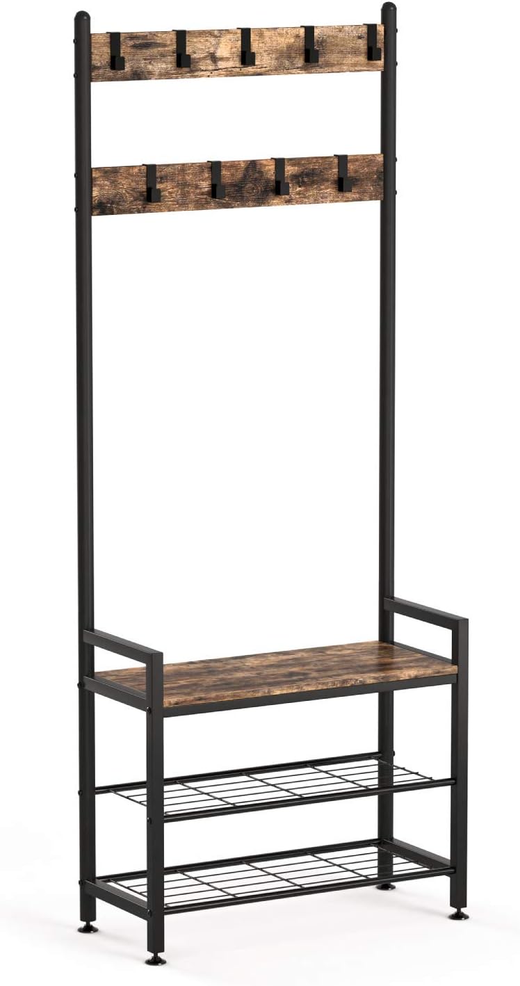 coat rack and shoe bench on Free Standing Wood Accent With Metal Hooks And Frame Rustic Brown 3 Tier Hall Tree Entryway Organizer Storage Shelf Ballucci Industrial Shoe Bench Coat Rack 3 In 1 Design Hall Trees