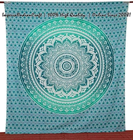 100% High Quality Mandala Indian Tapestry - Ethnic Boho Indian Blend Of Green Shades Ombre Mandala, Bohemian, Psychedelic Bed Spread | 100% PREMIUM QUALITY FABRIC | QUEEN SIZE