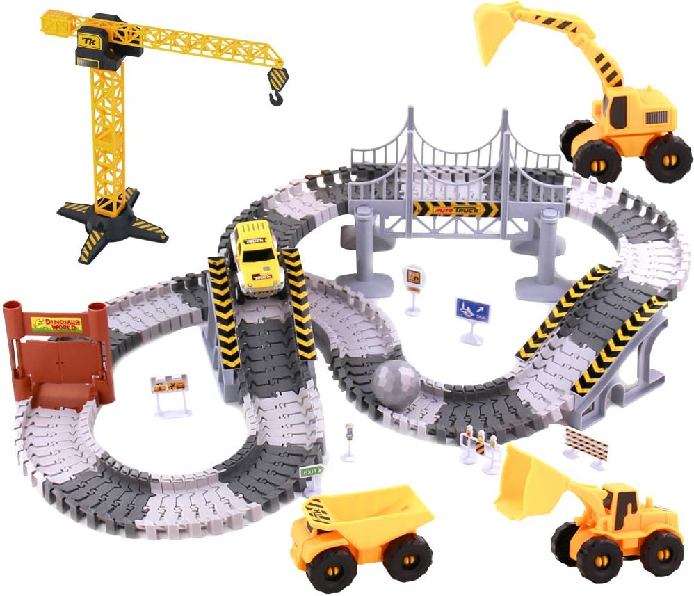 Kizplays Dino Rennbahn Set - 260 Teile Mit 6 Dinos & 2 Elektroautos Für Kinder Ab 3 Jahren