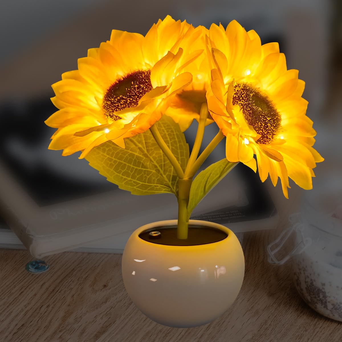 YATOSEEN Sunflower Lamp, Table Lamp Desk Lamp Flower Ornaments Led Simulation Sunflower Night Light with Ceramics Vase, for Home Living Room Desktop Decor, Gift for Mother's Day
