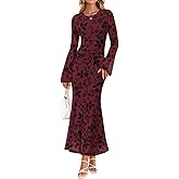 ZESICA Women's Long Sleeve Floral Bodycon Dress 2026 Spring Fall Ruched Mesh Wedding Guest Cocktail Party Maxi Dresses