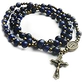 Blue Lapis Stone Catholic Rosary Bracelet for Women with Virgin Mary Our Lady of Graces Medal Charm - Catholic Gifts