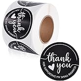Thank You Stickers, Supporting My Small Business, Roll of 500 2 Inch Round, Black and White
